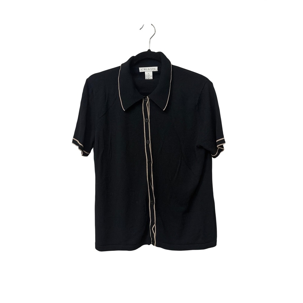 Chaus Womens XL Black Knit Button Up Short Sleeve Polo Shirt Contrast Trim
